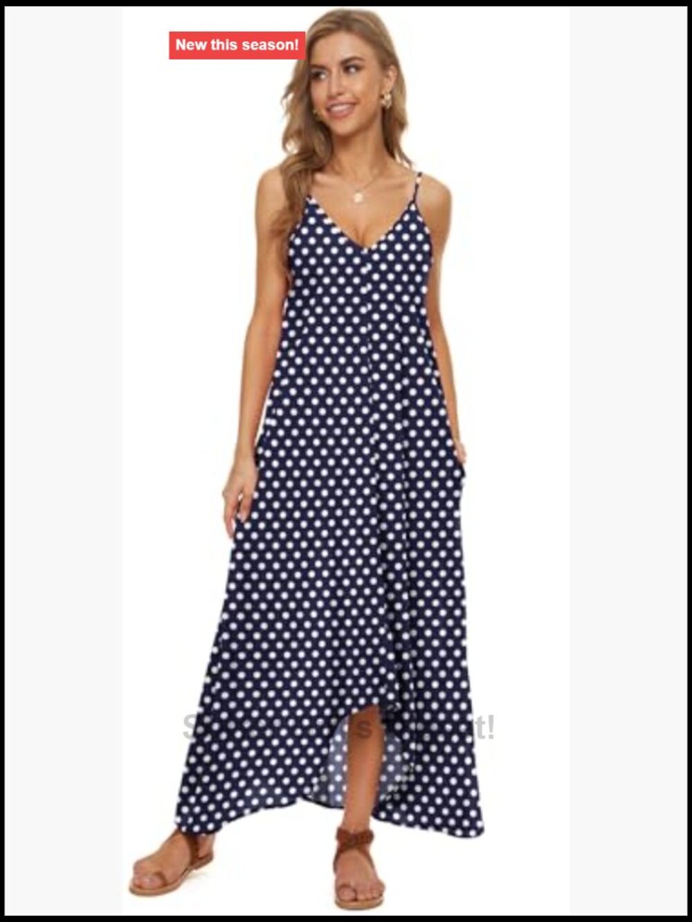V-Neck Polka Dot Print Spaghetti Strap Boho Long Maxi Dress - Picture 5 of 7